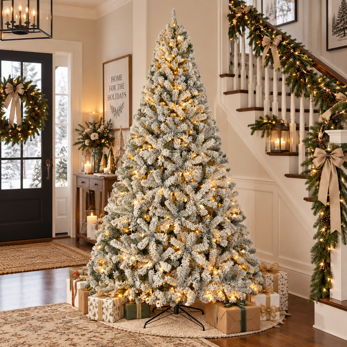 Pre-Lit Flocked Artificial Christmas Tree with Warm White Lights, 4.5 FT–9 FT