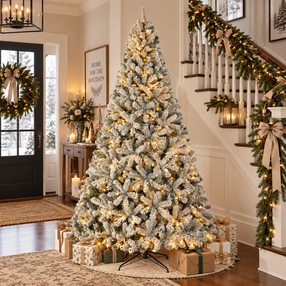 Pre-Lit Flocked Artificial Christmas Tree with Warm White Lights, 4.5 FT–9 FT