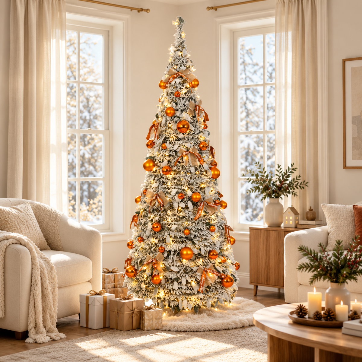6 FT Pre Lit Flocked Christmas Tree with Warm White Lights and 66 Piece Ornament Set