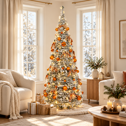 6 FT Pre Lit Flocked Christmas Tree with Warm White Lights and 66 Piece Ornament Set