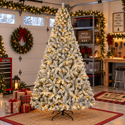 Pre-Lit Flocked Artificial Christmas Tree with Warm White Lights, 4.5 FT–9 FT