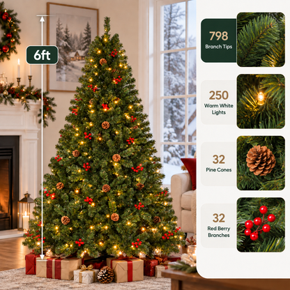 Pre Lit Christmas Tree with Warm White Lights Red Berries and Pine Cones 6 FT and 7.5 FT