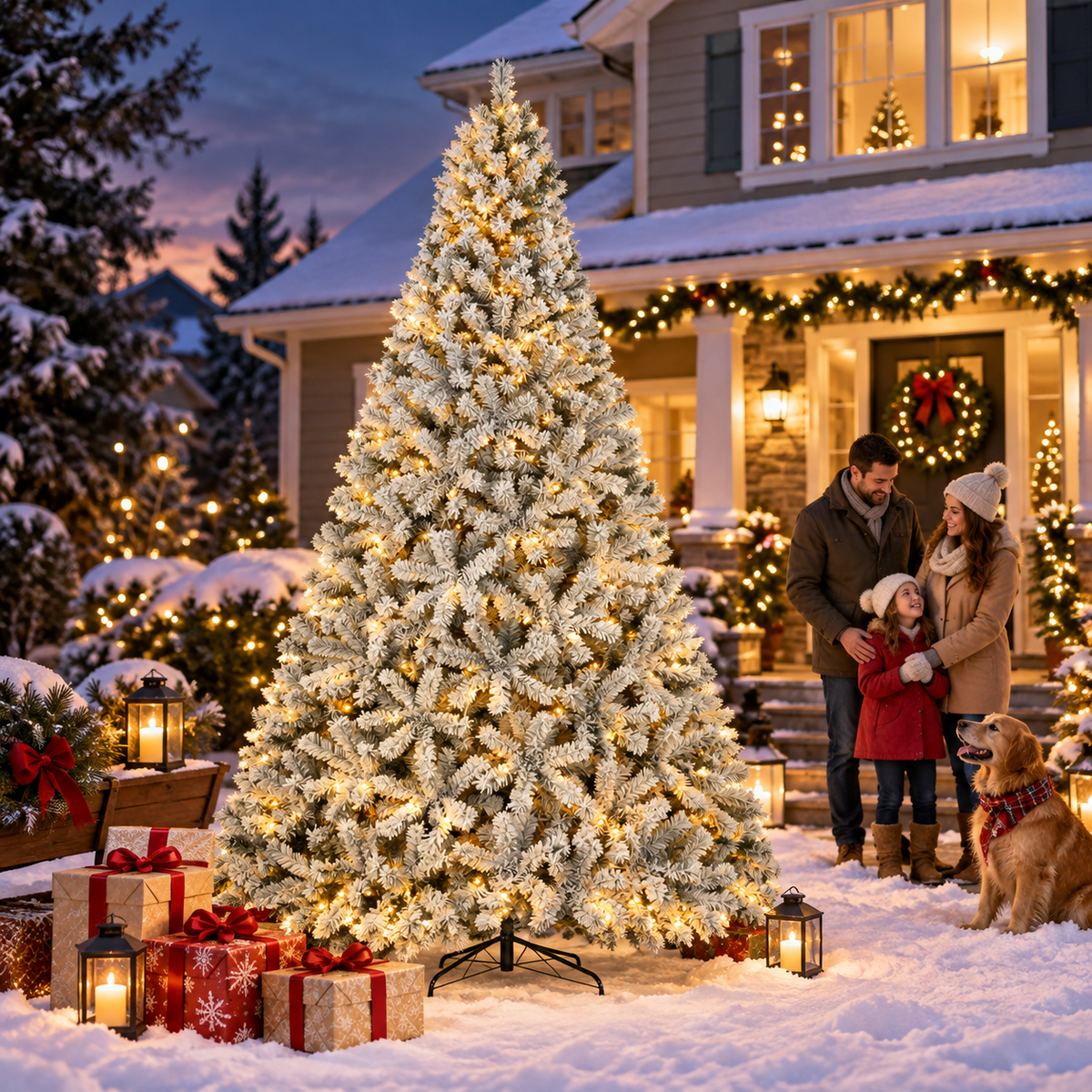 Pre-Lit Flocked Artificial Christmas Tree with Warm White Lights, 4.5 FT–9 FT