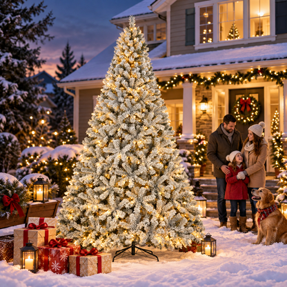 Pre-Lit Flocked Artificial Christmas Tree with Warm White Lights, 4.5 FT–9 FT